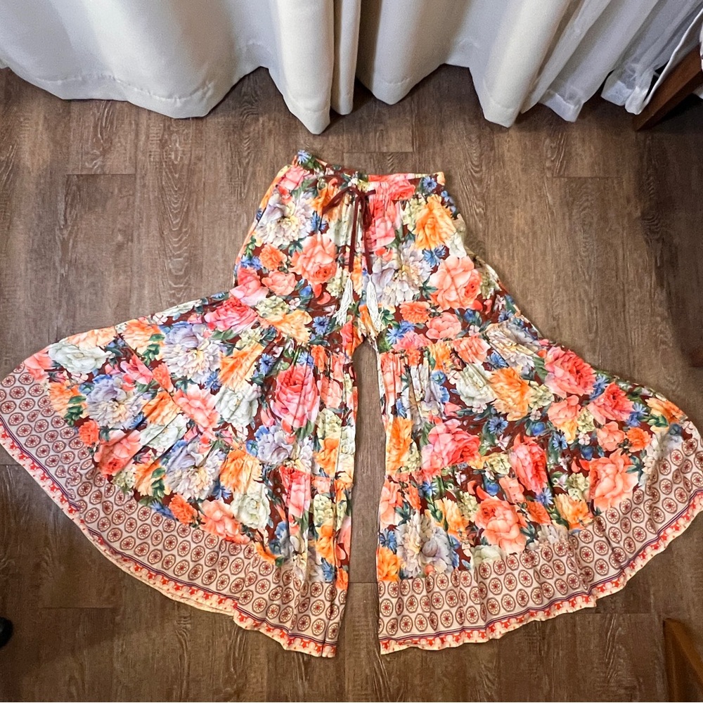 Aratta Silent Journey Floral Wide Leg Tiered Palazzo Pants | Size XS